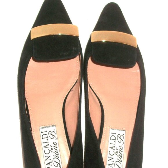 Pancaldi for Diane B Pointy Black Suede Flats with Gold Metal Detail 6.5M - Picture 1 of 10